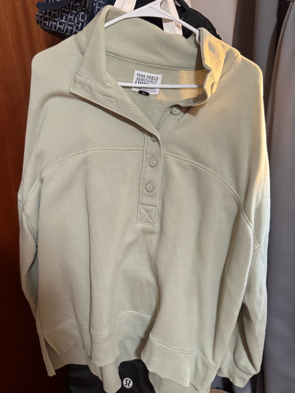 American Eagle Outfitters Light Sage Button-Front Mock Neck Sweater